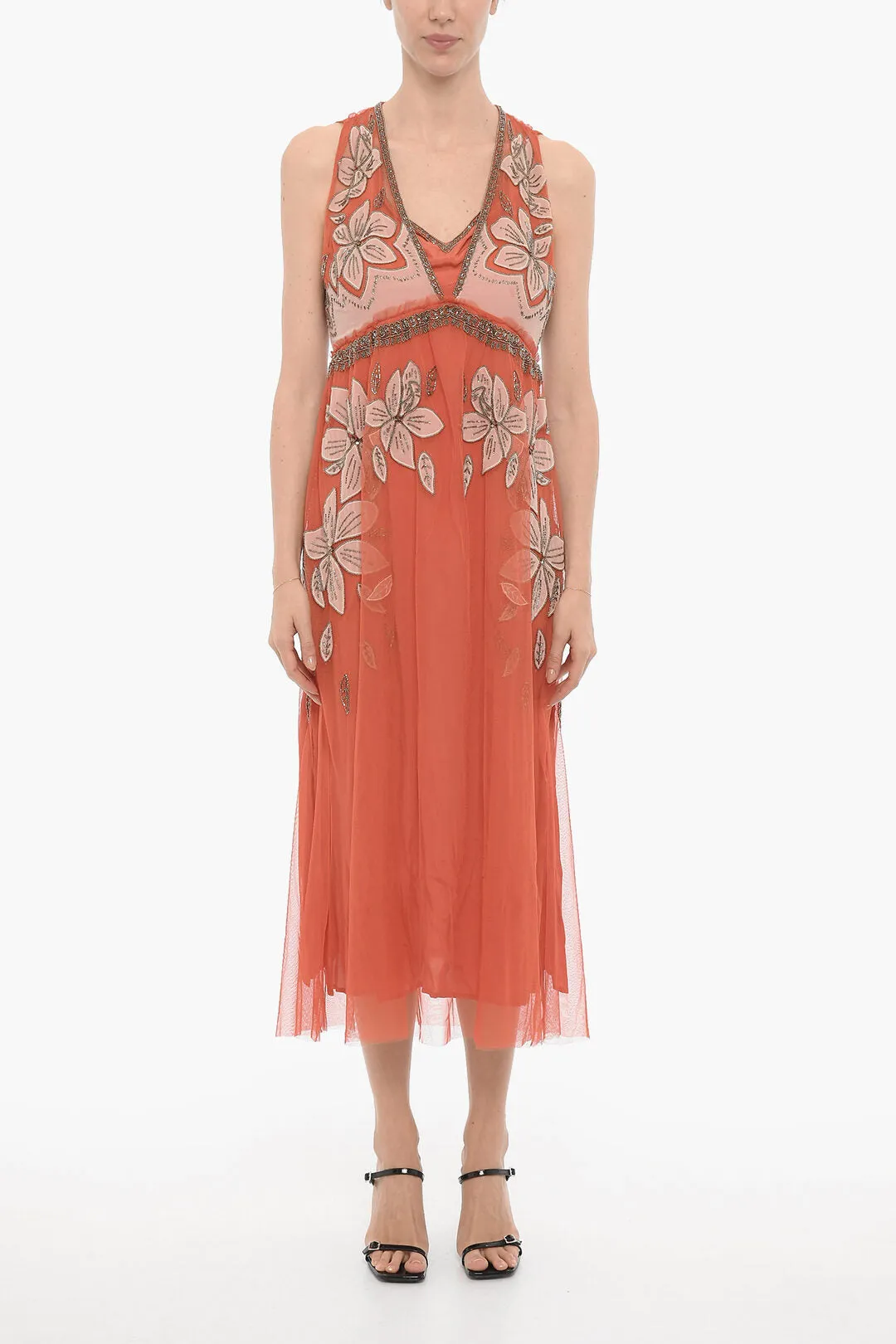 AllSaints Mesh LAIA Maxi Dress with Floral Embroidery