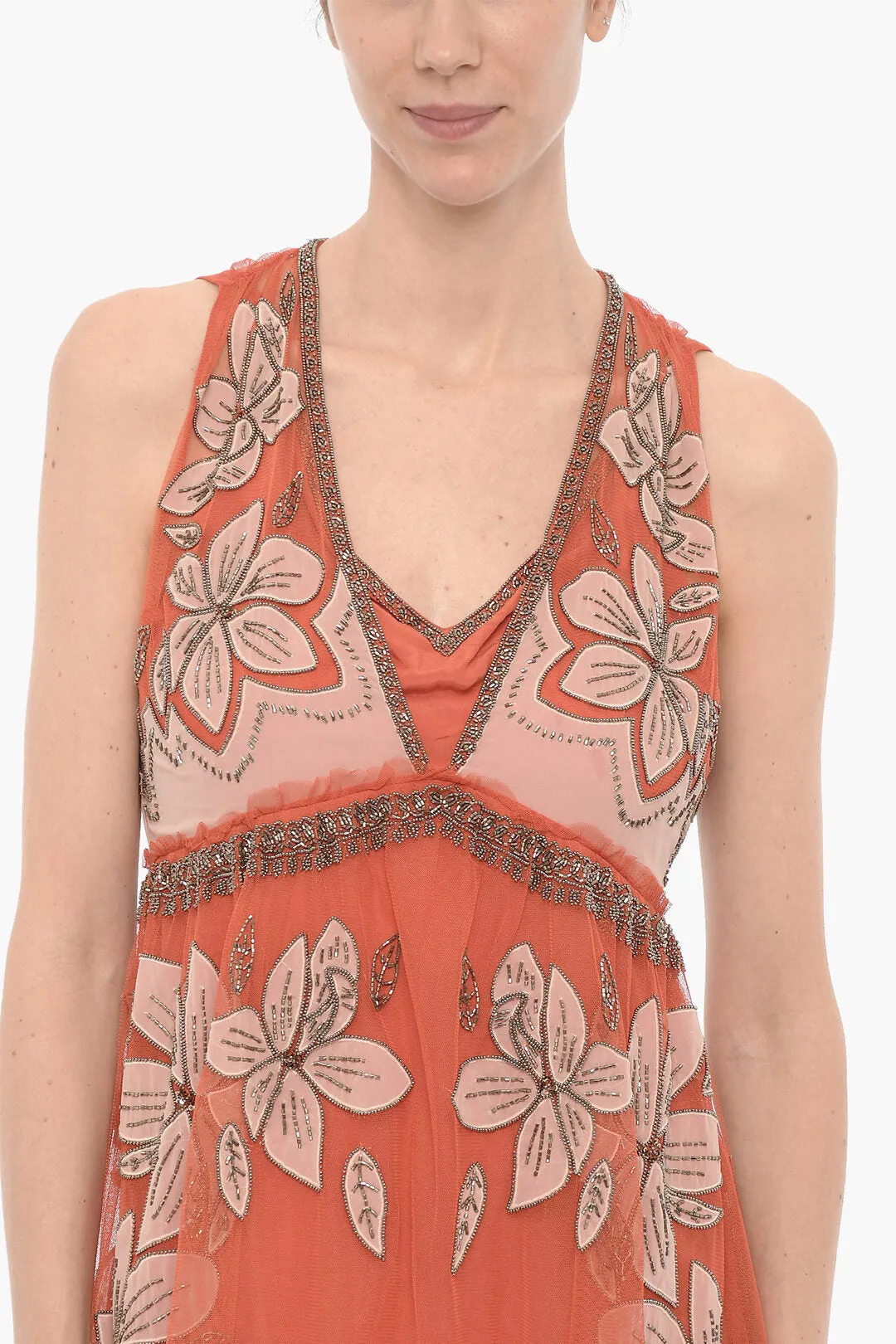 AllSaints Mesh LAIA Maxi Dress with Floral Embroidery