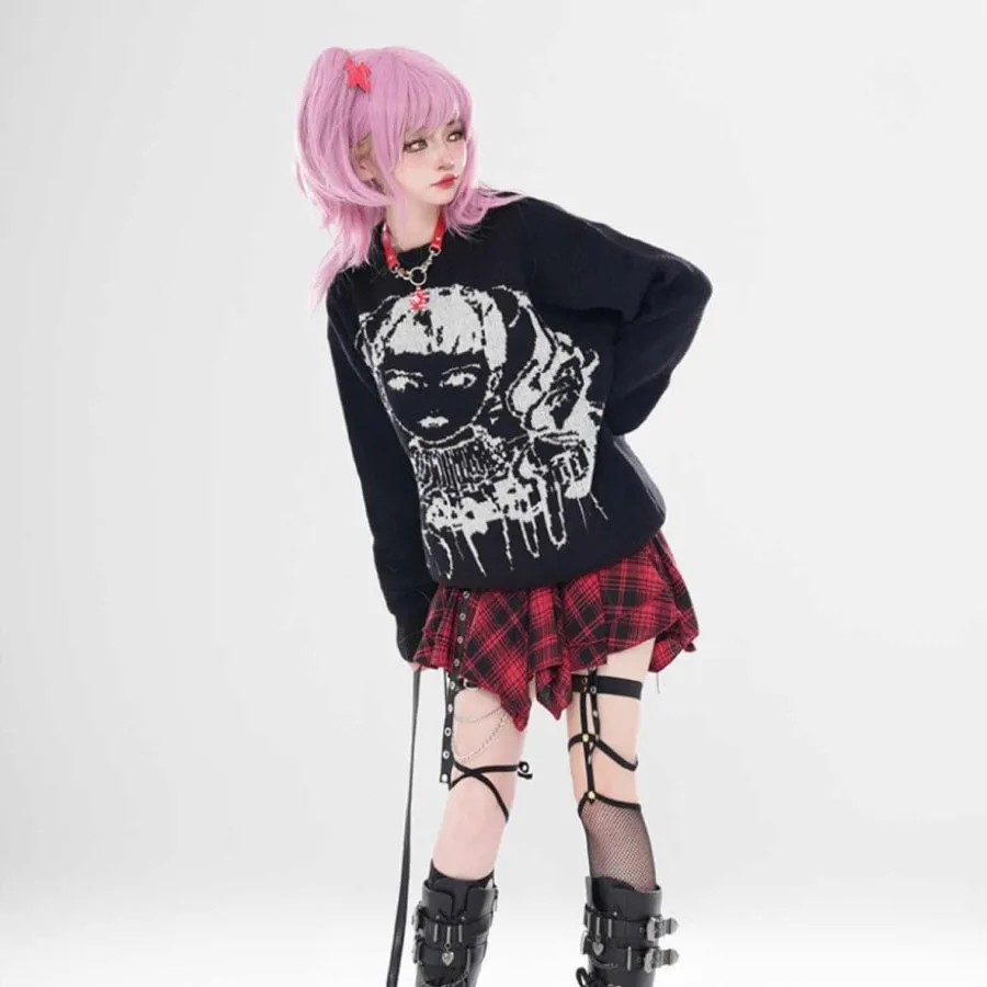 Asian Punk Style Cartoon Girl Print Loose Knit Sweater