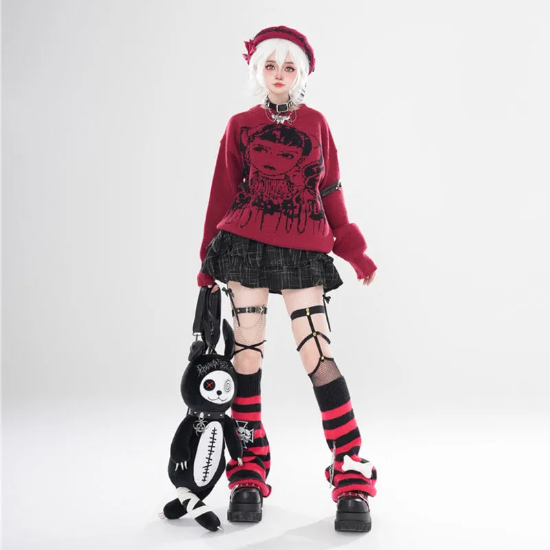 Asian Punk Style Cartoon Girl Print Loose Knit Sweater