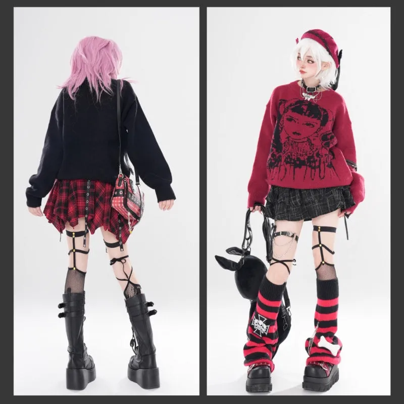 Asian Punk Style Cartoon Girl Print Loose Knit Sweater