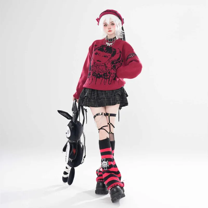 Asian Punk Style Cartoon Girl Print Loose Knit Sweater