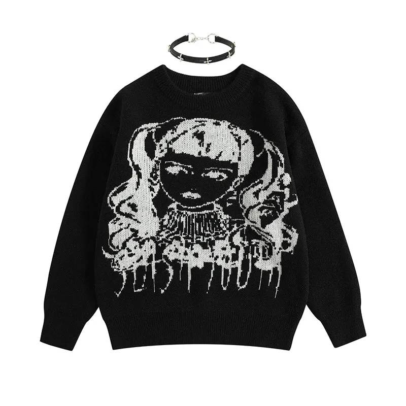 Asian Punk Style Cartoon Girl Print Loose Knit Sweater