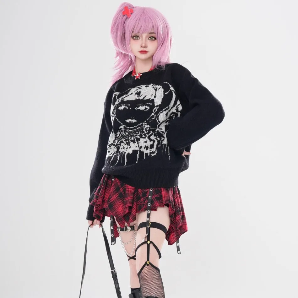 Asian Punk Style Cartoon Girl Print Loose Knit Sweater