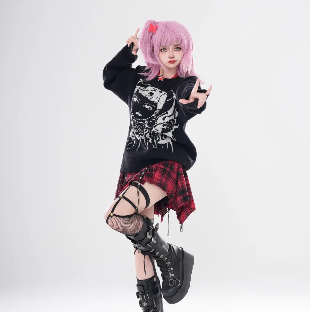 Asian Punk Style Cartoon Girl Print Loose Knit Sweater