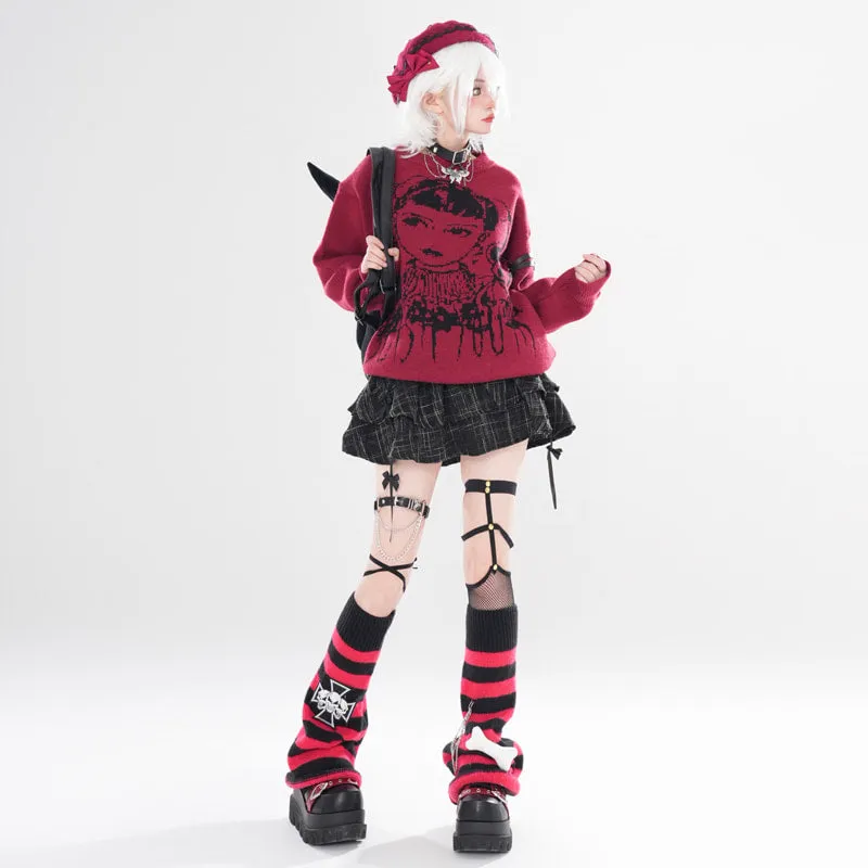Asian Punk Style Cartoon Girl Print Loose Knit Sweater