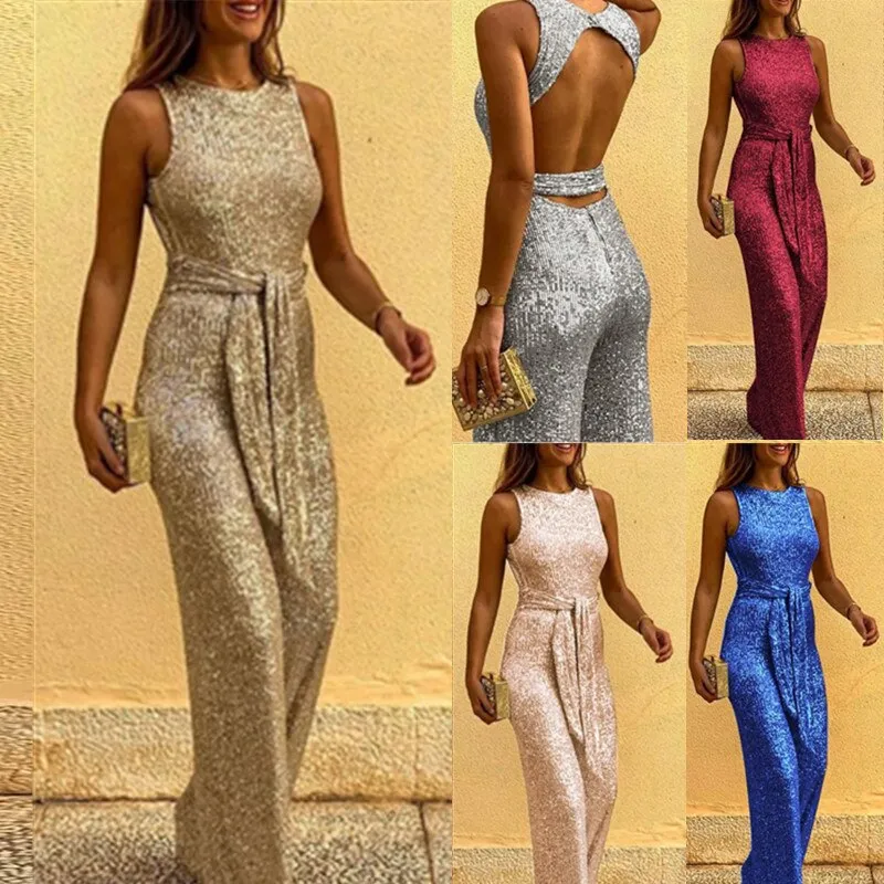 Crystal One Piece Corset Jumpsuit O-Neck Jumpsuits Lady Sleeveless Ins Women Sequin Y2k Jump Suits Jumpsuit Women Clothes Hot