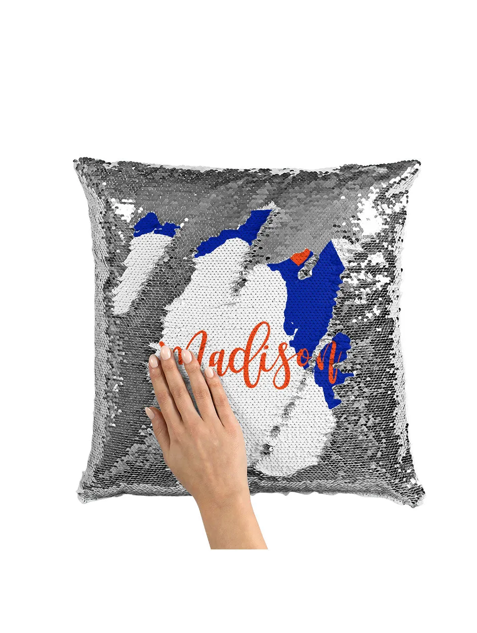 CUSTOM SEQUIN PILLOW - FLORIDA BLUE & ORANGE