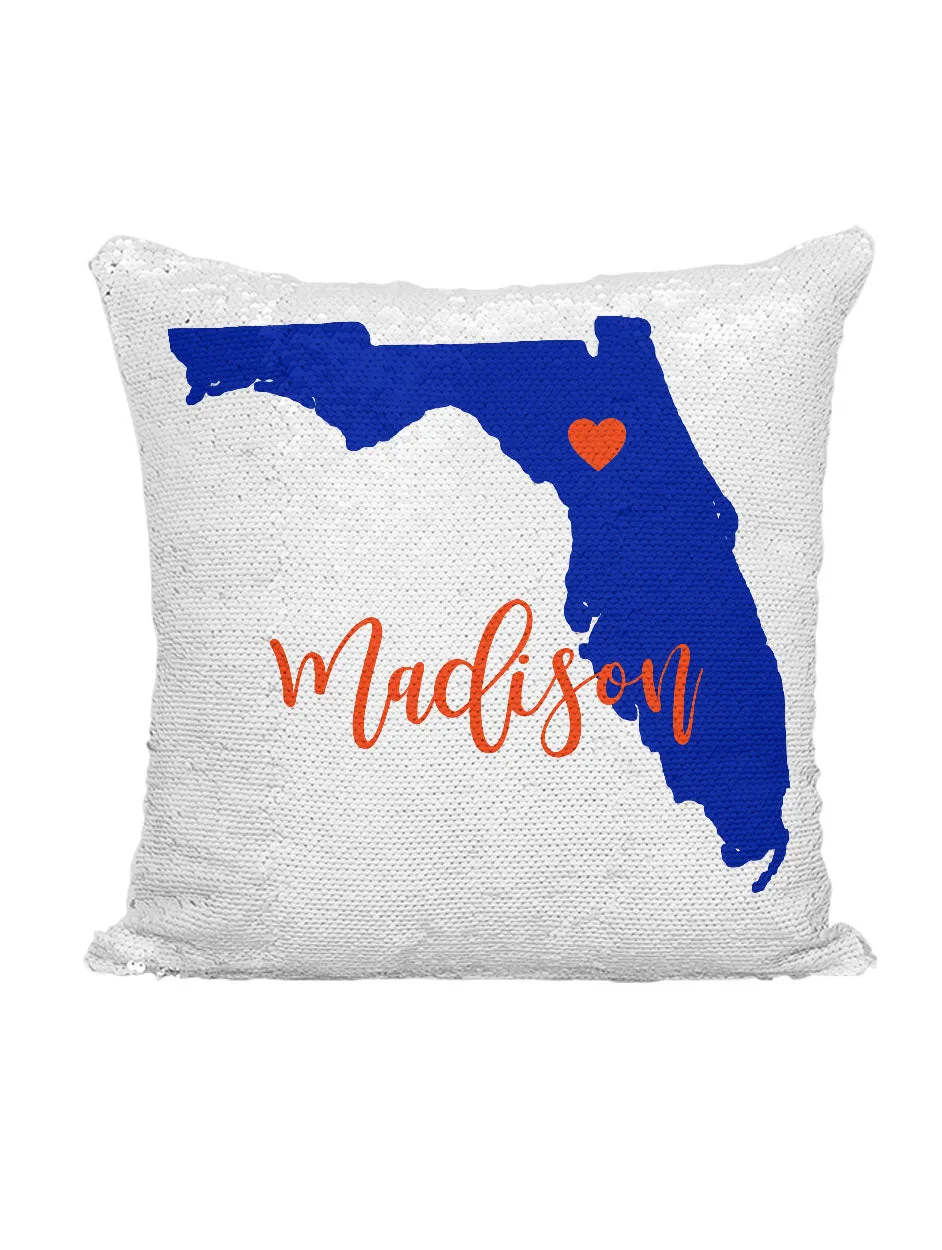 CUSTOM SEQUIN PILLOW - FLORIDA BLUE & ORANGE