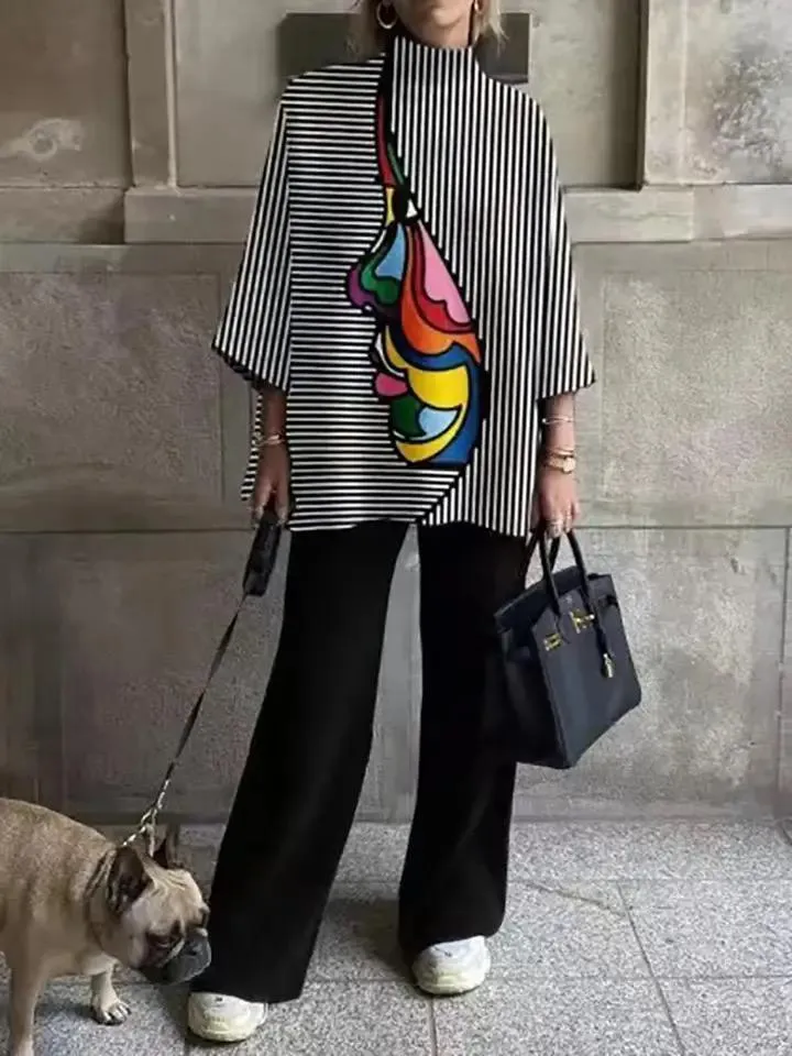 Fashion Art Striped Print Outfits Women Loose O Neck Pullover Tops  B190270
