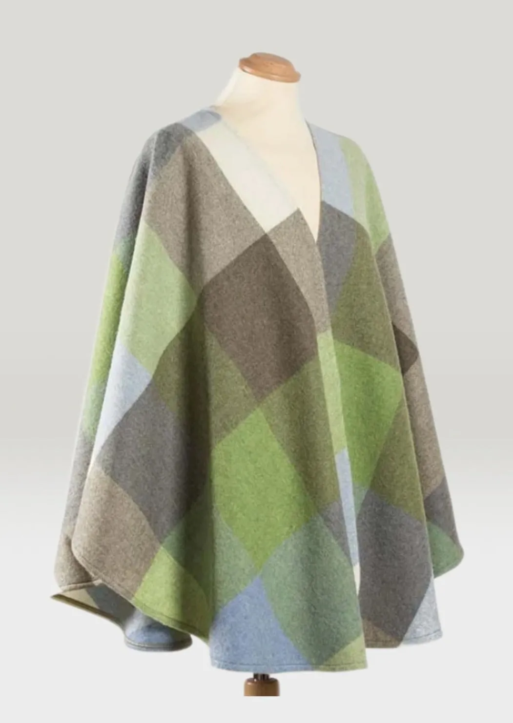John Hanly Lambswool Cape | Baby Blue Green Check