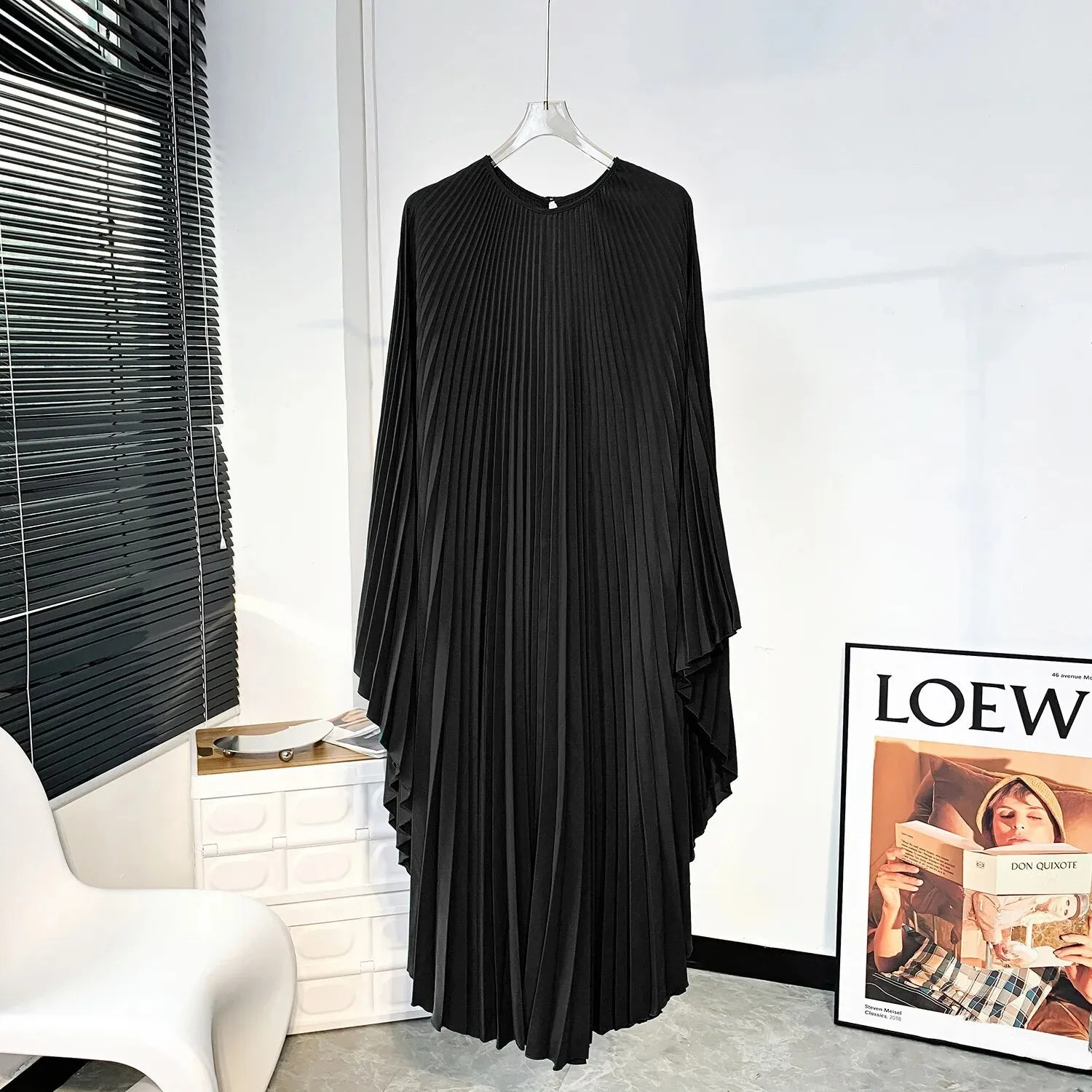 Solid Batwing Sleeve Pleated Dress Loose Irregular Clothing Spring Autumn