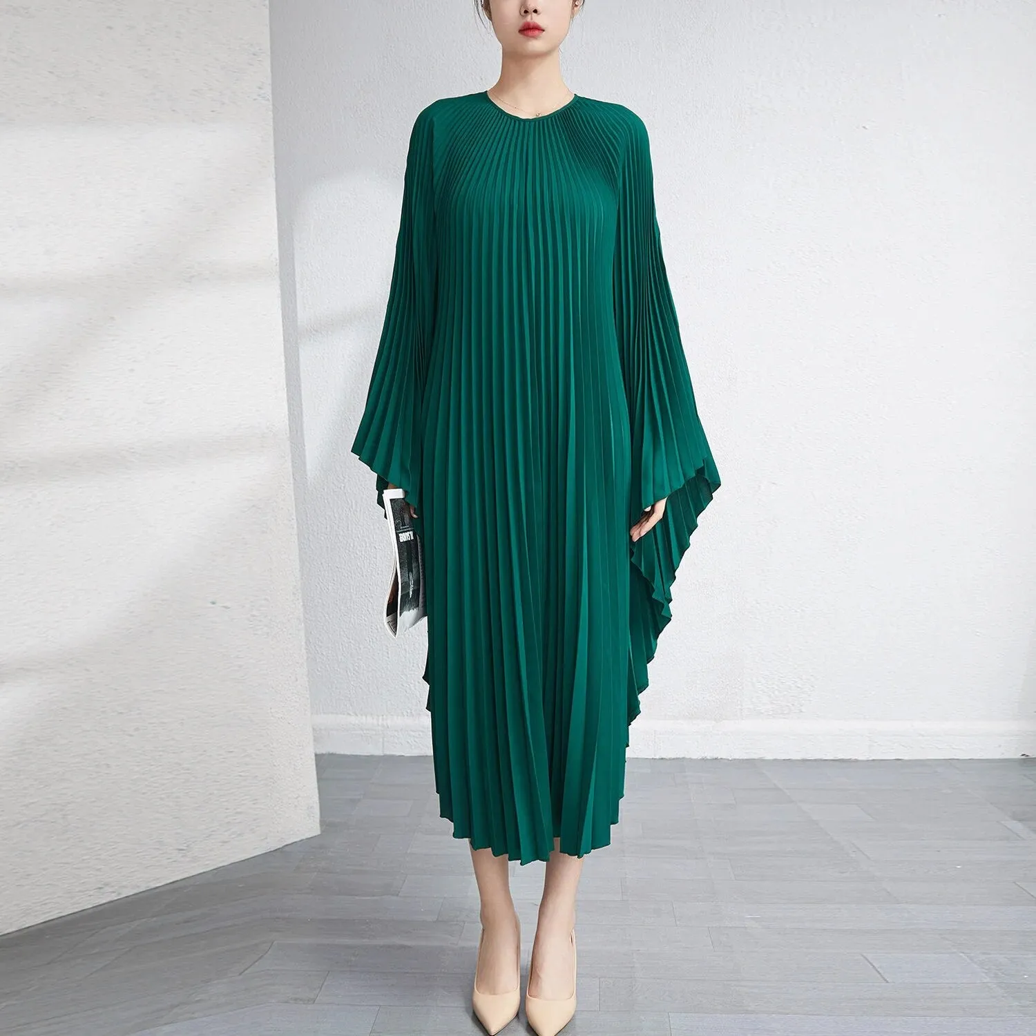 Solid Batwing Sleeve Pleated Dress Loose Irregular Clothing Spring Autumn
