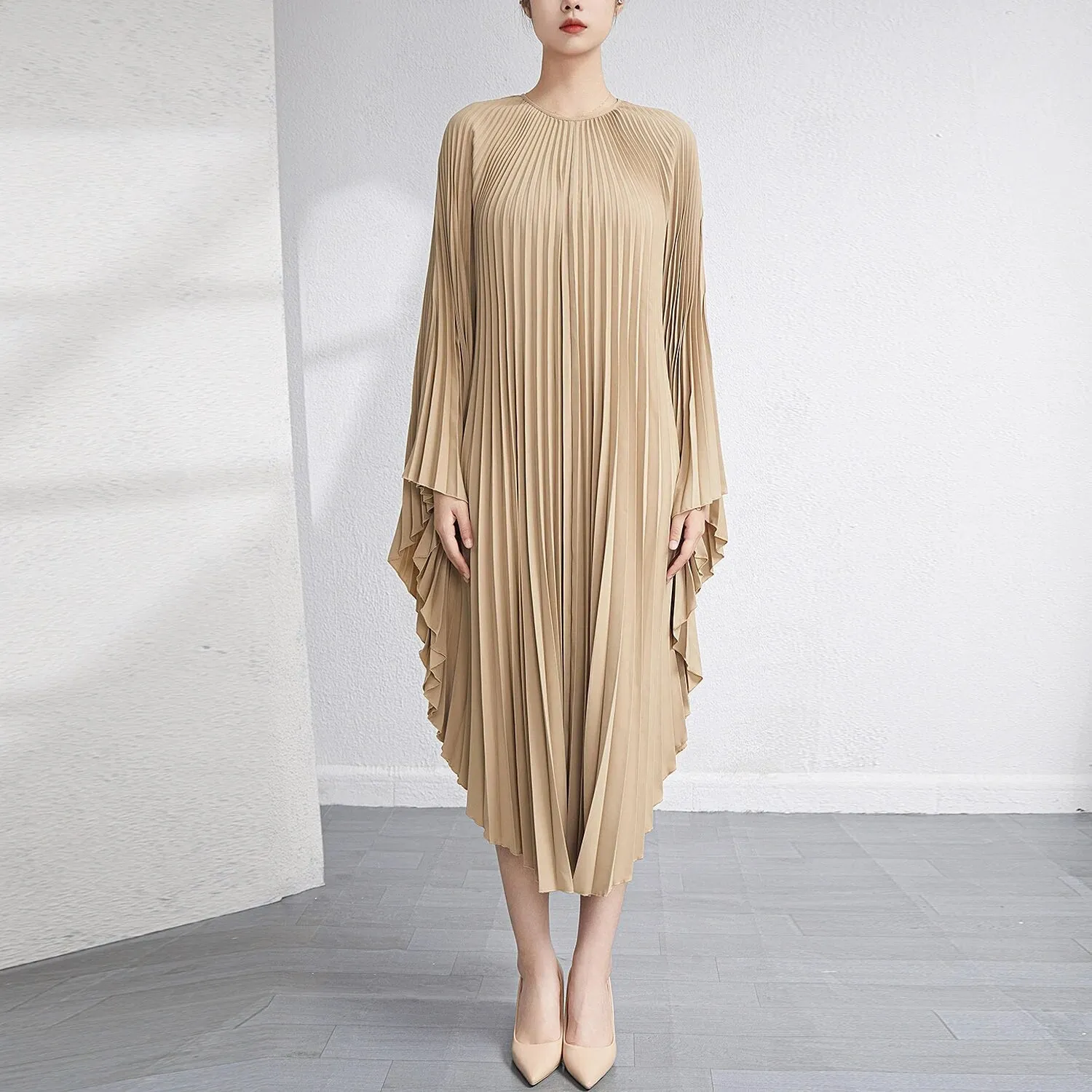 Solid Batwing Sleeve Pleated Dress Loose Irregular Clothing Spring Autumn