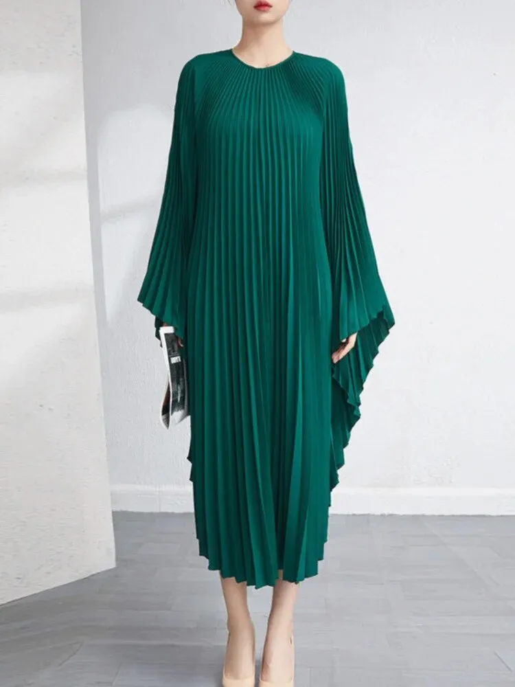 Solid Batwing Sleeve Pleated Dress Loose Irregular Clothing Spring Autumn