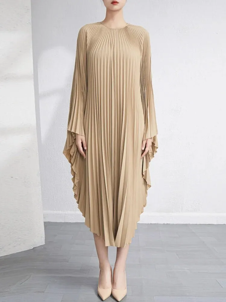 Solid Batwing Sleeve Pleated Dress Loose Irregular Clothing Spring Autumn