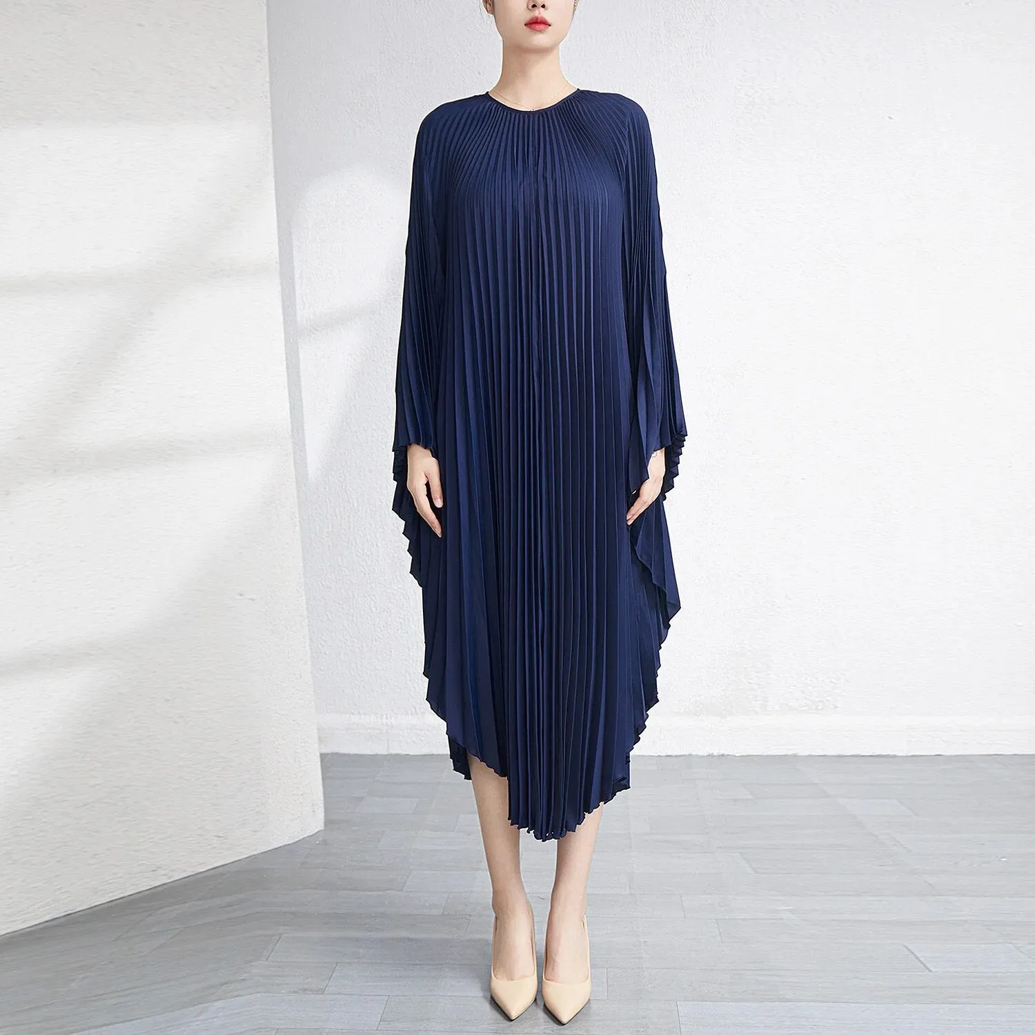 Solid Batwing Sleeve Pleated Dress Loose Irregular Clothing Spring Autumn