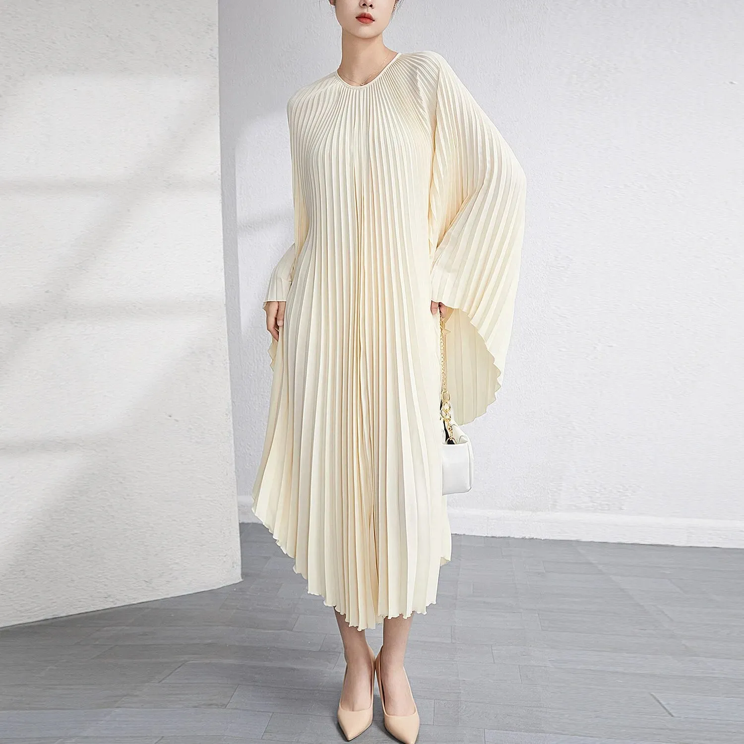 Solid Batwing Sleeve Pleated Dress Loose Irregular Clothing Spring Autumn